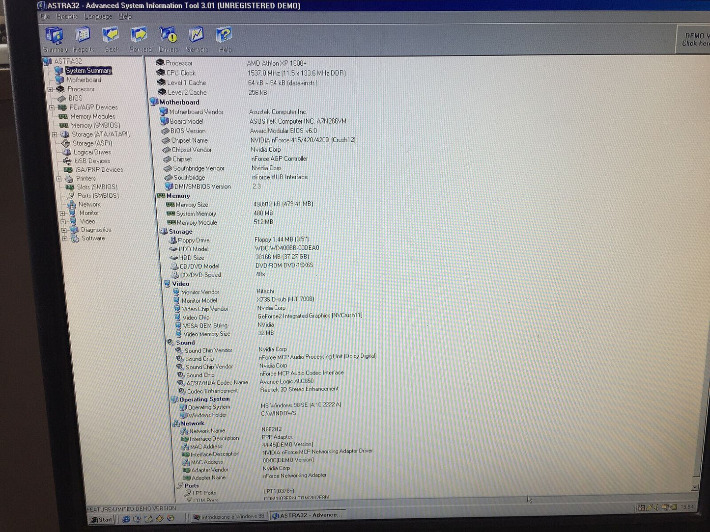 Retrocomputer Windows 98 SE Desktop Amd Athlon Xp 1800+ 1537 Mhz Retrogames Seriale Parallela