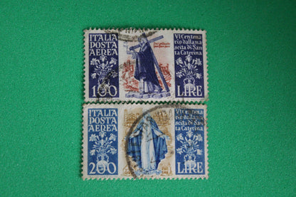 Coppia Francobollo Posta Aerea "6° Centenario della nascita di S. Caterina da Siena" 1948