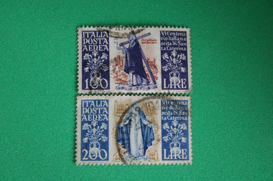 Coppia Francobollo Posta Aerea "6° Centenario della nascita di S. Caterina da Siena" 1948